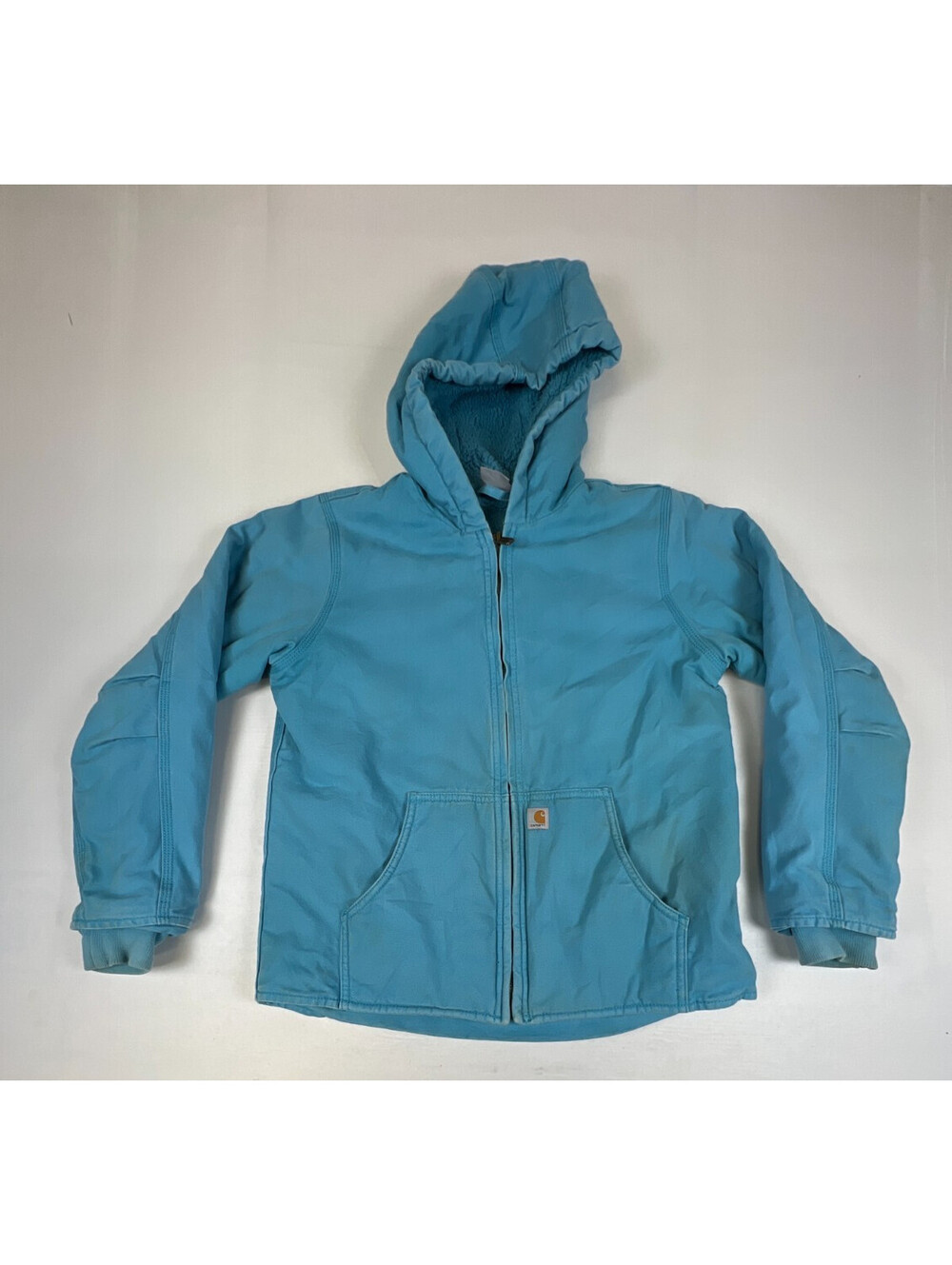 Carhartt Girls L Hooded Utility Jacket Light Blue Cotton Sherpa Lined Full Zip